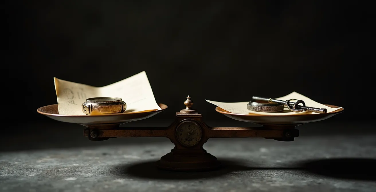 Composition symbolique montrant un équilibre entre documents administratifs et objets personnels d'une personne âgée