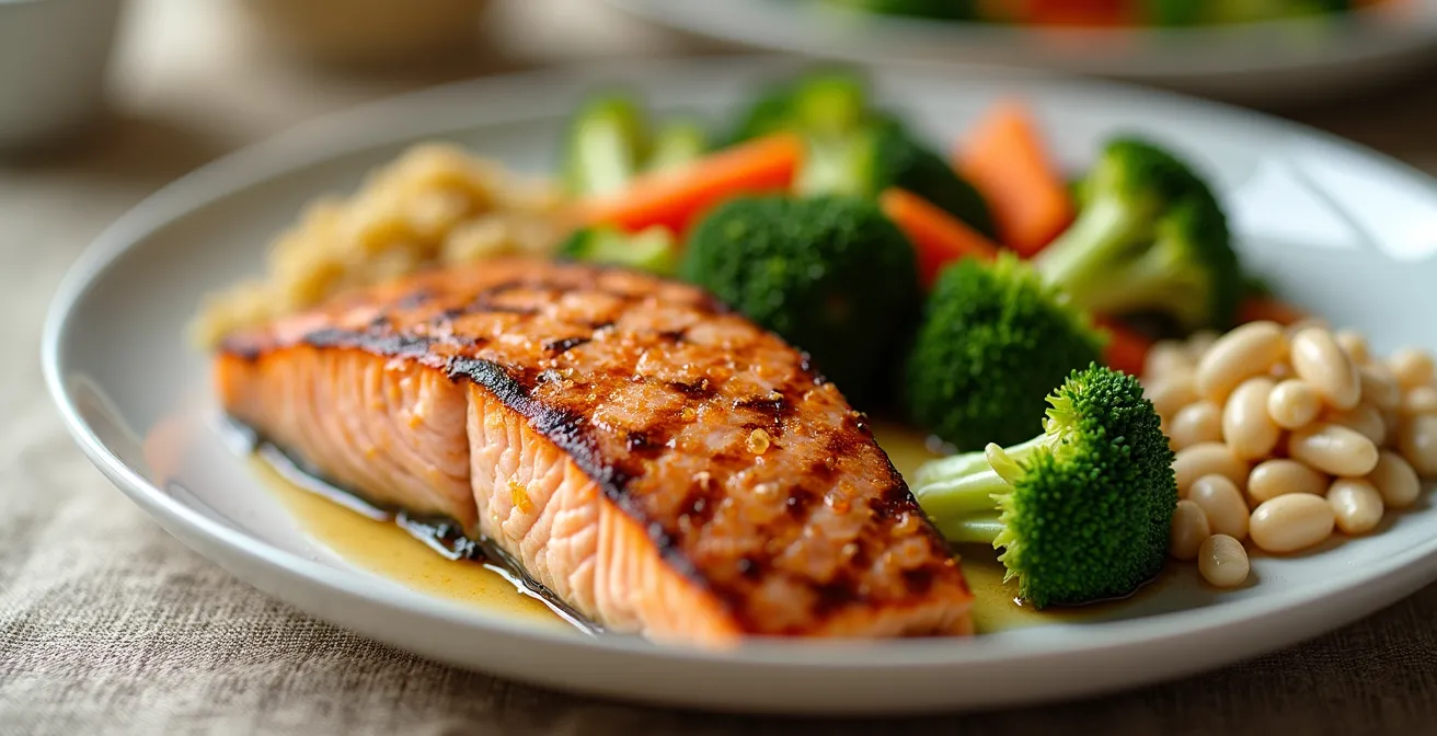 Assiette équilibrée riche en protéines pour senior avec poisson, légumes et légumineuses