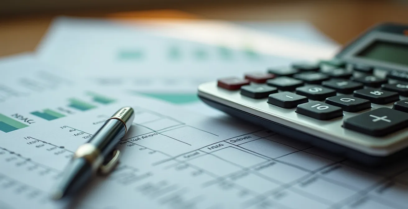 Vue macro détaillée de documents financiers et calculatrice sur bureau en bois