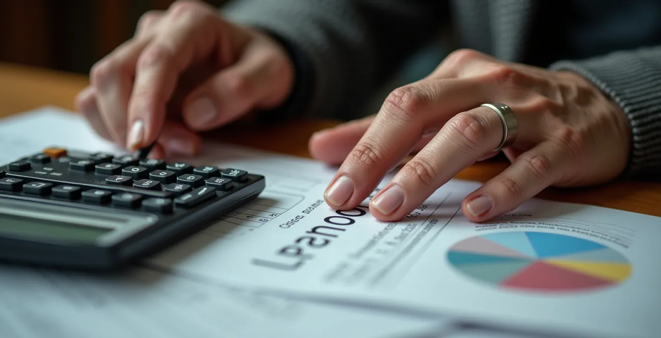 Gros plan sur des mains calculant une pension de réversion avec calculatrice et documents
