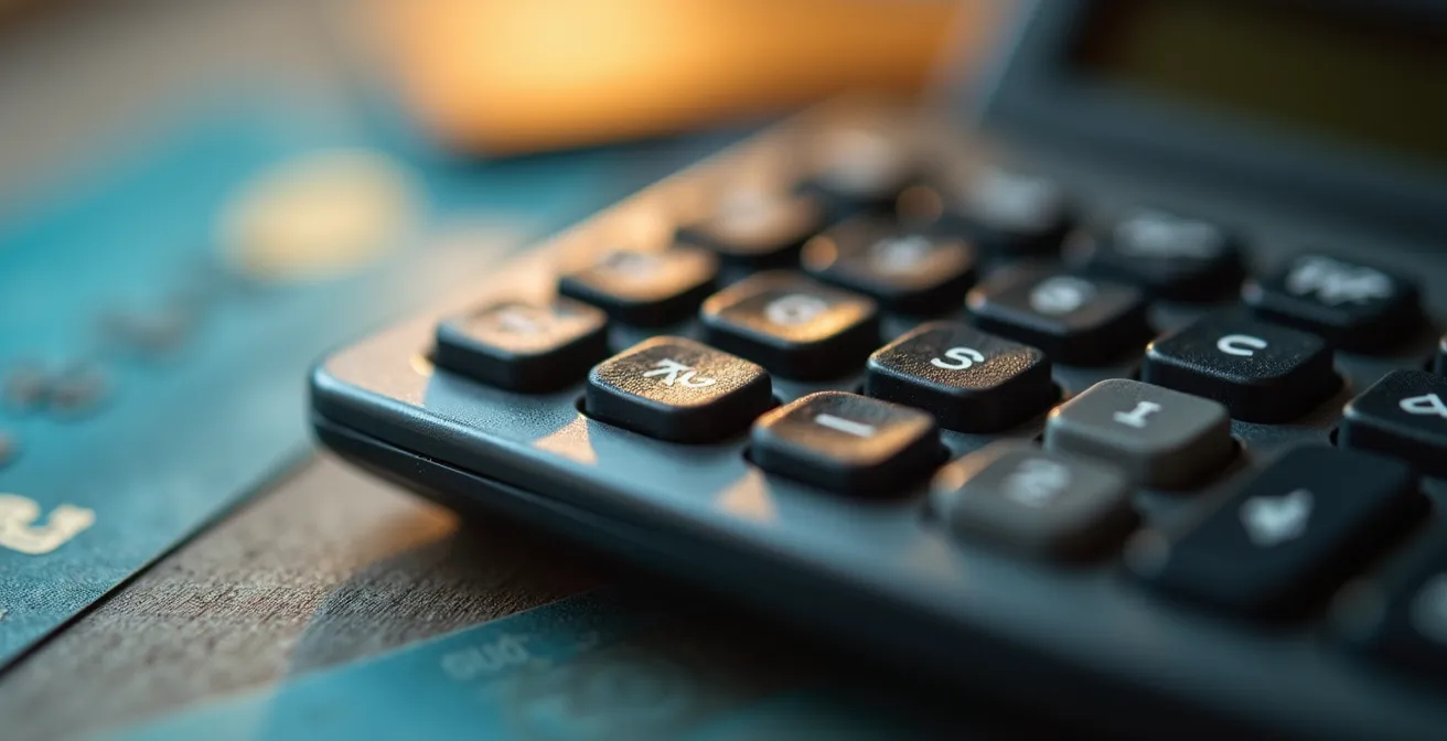 Calculatrice posée sur une table avec billets de train et carte de réduction floues en arrière-plan