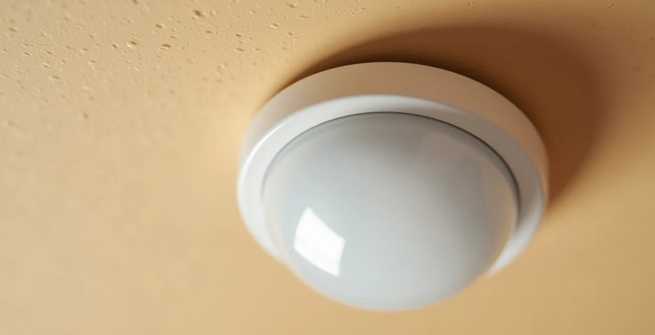 Détail macro d'un capteur de mouvement discret installé dans un angle de plafond