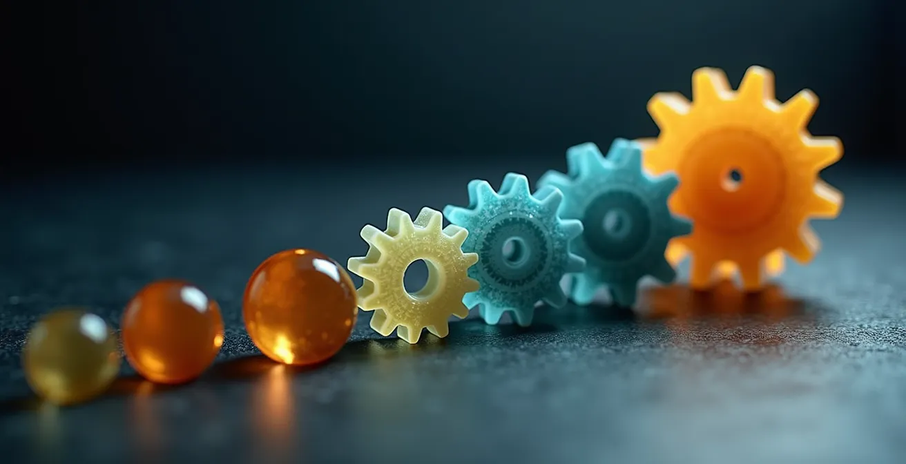 Métaphore visuelle d'engrenages mécaniques avec pilules créant un effet domino