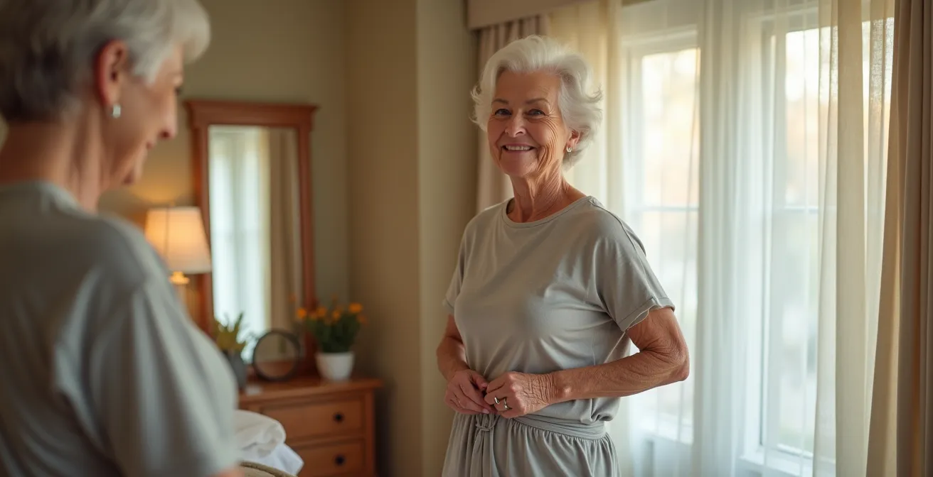 Senior portant une ceinture airbag de manière discrète sous des vêtements amples et élégants dans sa chambre.