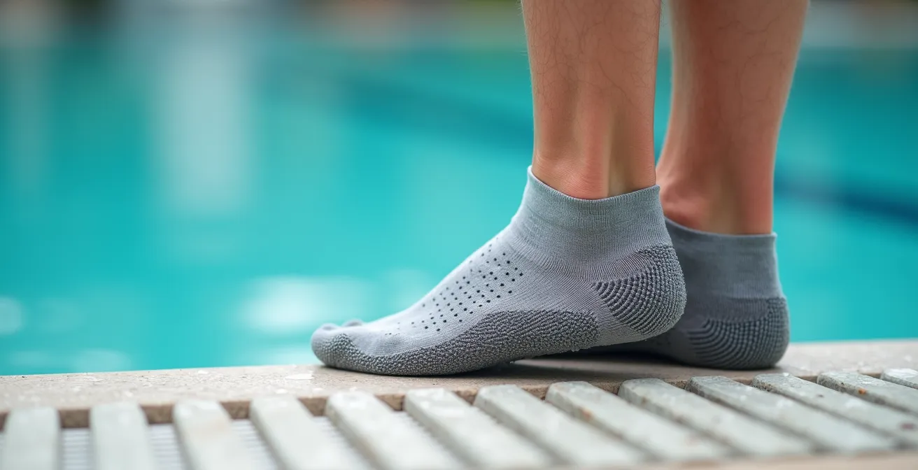 Gros plan sur des pieds portant des chaussettes aquatiques antidérapantes au bord d'une piscine