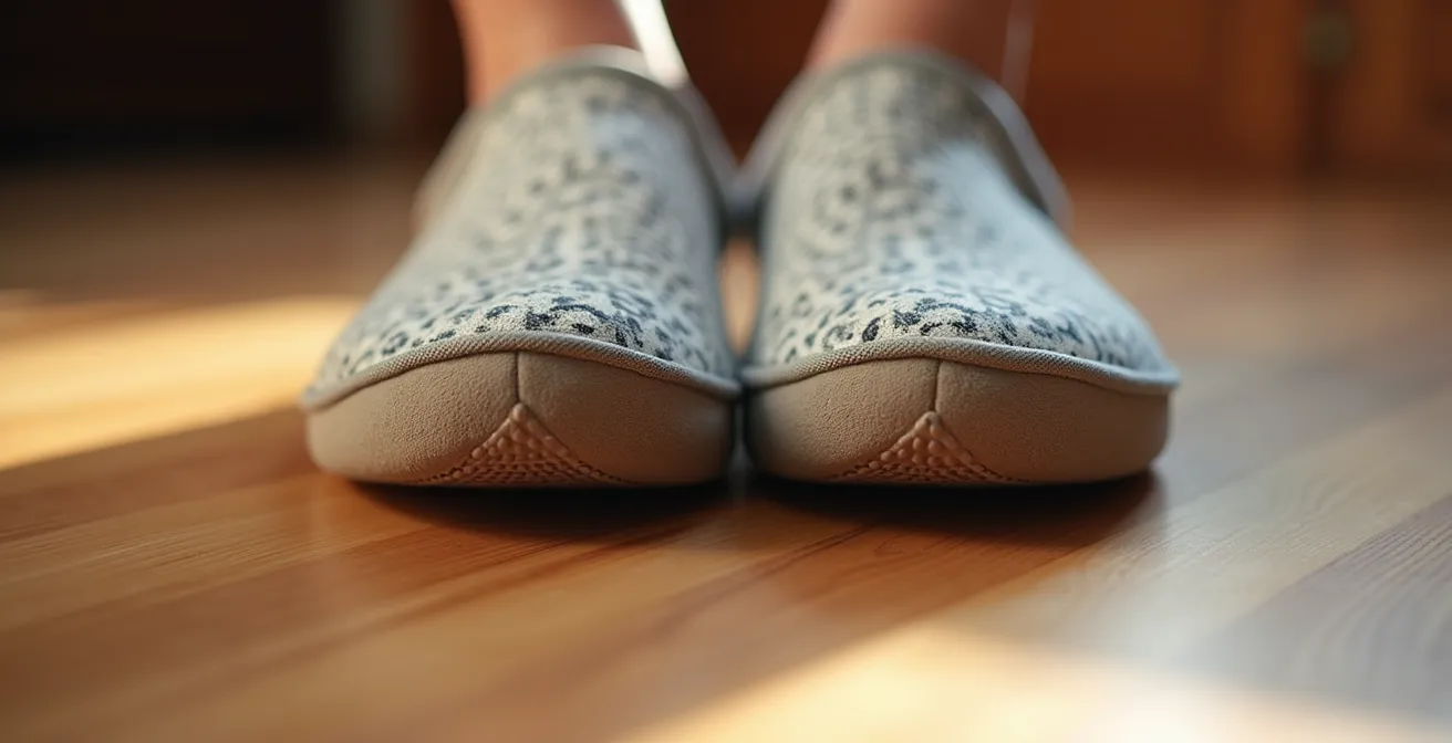 Gros plan sur des chaussons fermés antidérapants avec semelle texturée et bon maintien du talon