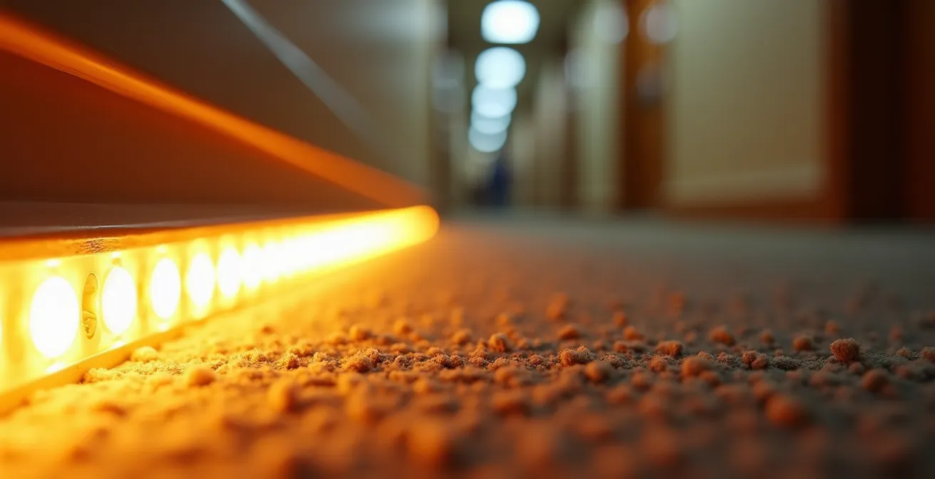 Couloir avec bandes LED au sol créant un chemin lumineux tamisé la nuit
