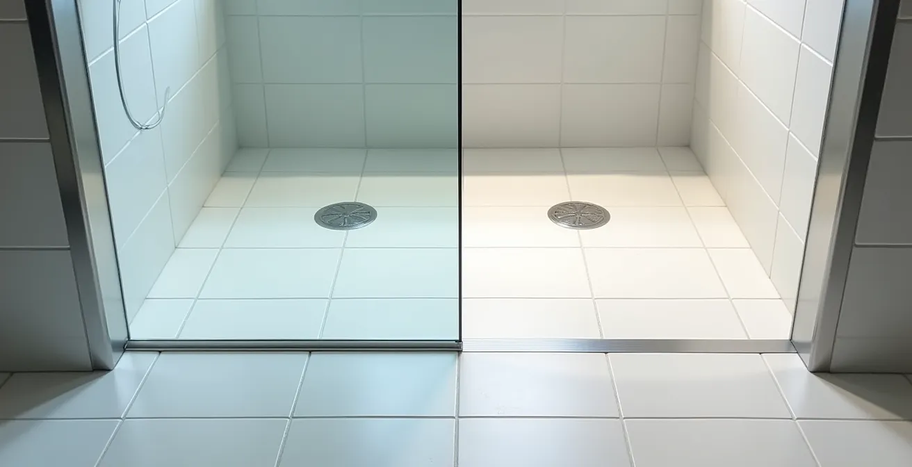 Vue en plongée montrant deux configurations d'accès douche pour fauteuil roulant