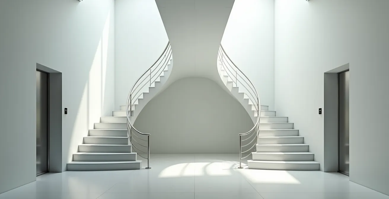 Vue de dessus montrant l'empreinte au sol minimale d'un monte-escalier dans un escalier colimaçon