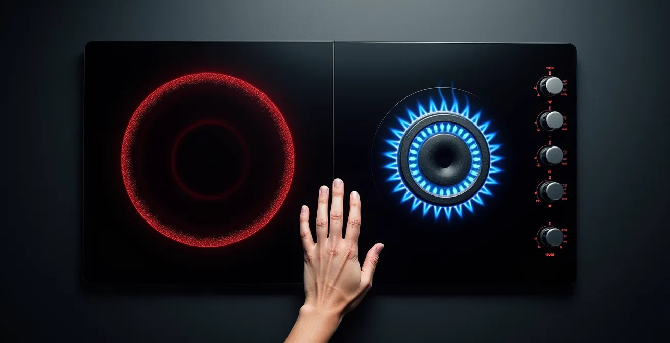 Vue rapprochée comparative d'une plaque à induction moderne avec indicateurs lumineux et d'une plaque gaz traditionnelle