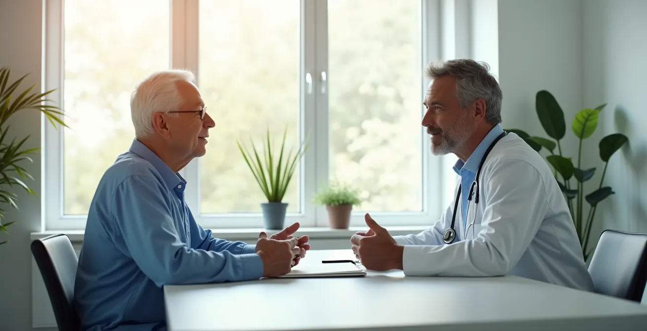 Senior et médecin en discussion collaborative autour d'une table de consultation lumineuse