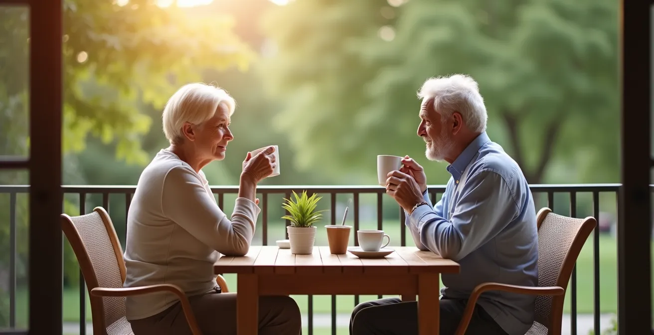 Un couple partageant un moment de calme sur un balcon avec vue sur un jardin