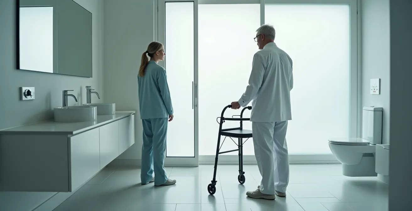 Ergothérapeute évaluant l'accessibilité d'une salle de bain avec une personne âgée