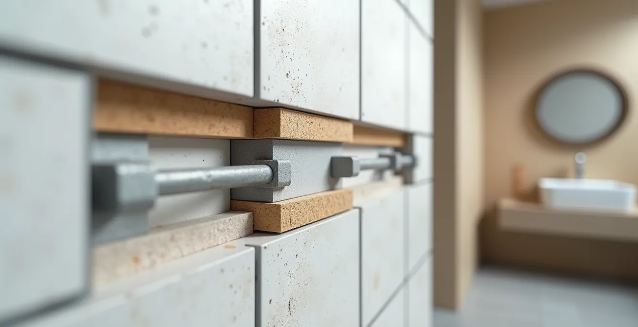 Vue en coupe d'un mur carrelé montrant les différentes couches et la technique de scellement
