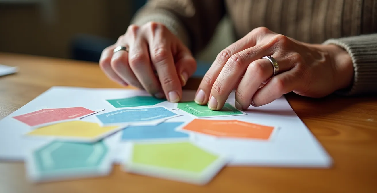 Mains de senior organisant des cartes colorées représentant différentes missions bénévoles sur une table en bois