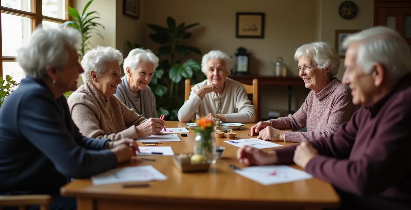 Espace commun d'un béguinage avec des seniors participant à une activité collective autour d'une table
