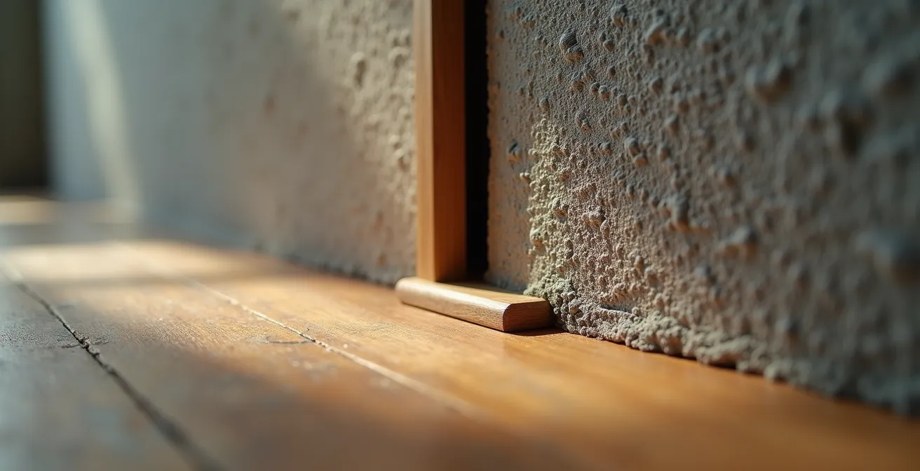 Vue macro d'un passage étroit avec détail architectural montrant la contrainte spatiale