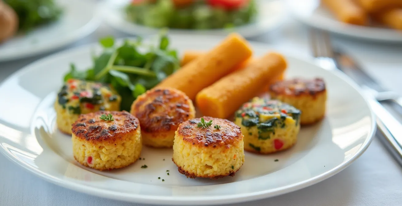 Assiette élégante de finger food nutritif adapté aux seniors avec bouchées colorées