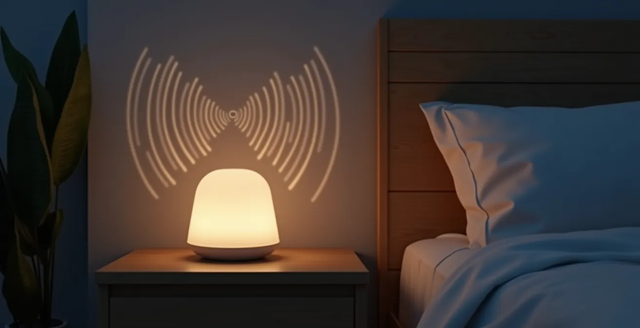 Boîtier de téléassistance avec haut-parleur dans une chambre la nuit, symbolisant une présence rassurante.