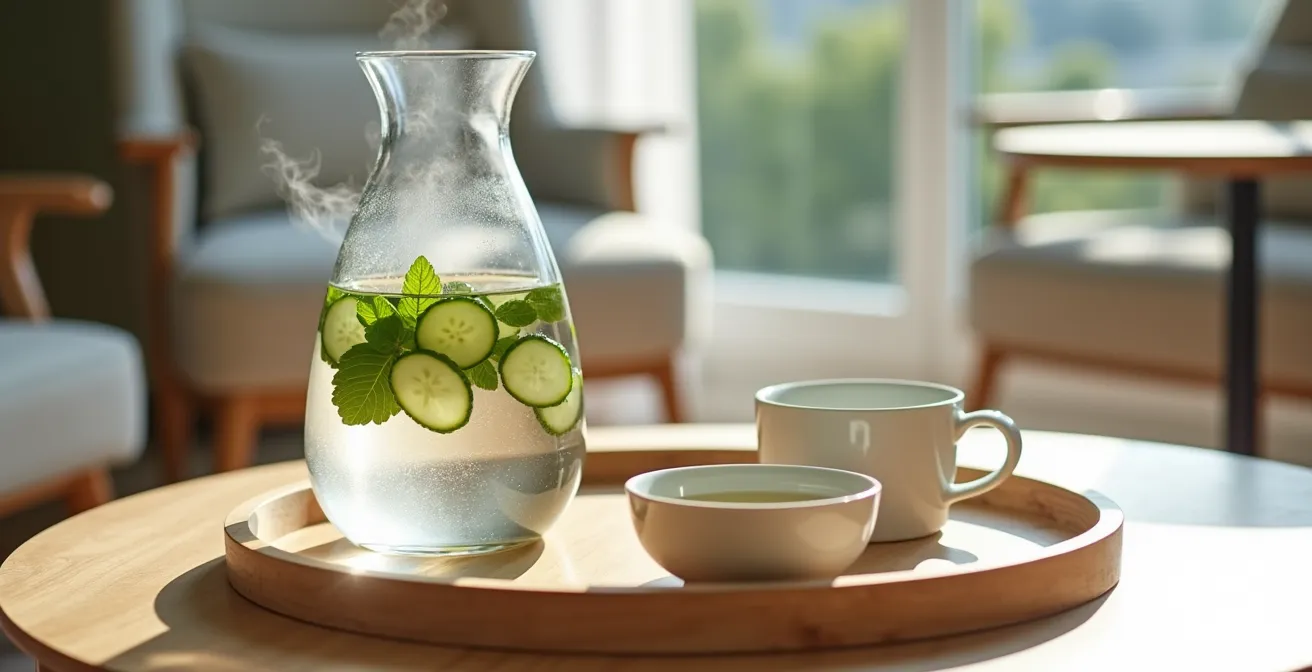 Arrangement de différentes options d'hydratation pour seniors incluant eau aromatisée, tisane et bouillon