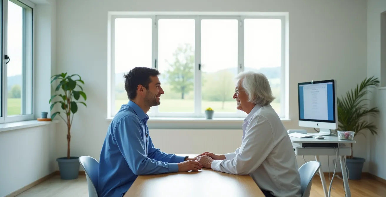 Infirmière de pratique avancée en consultation avec patient senior dans cabinet rural