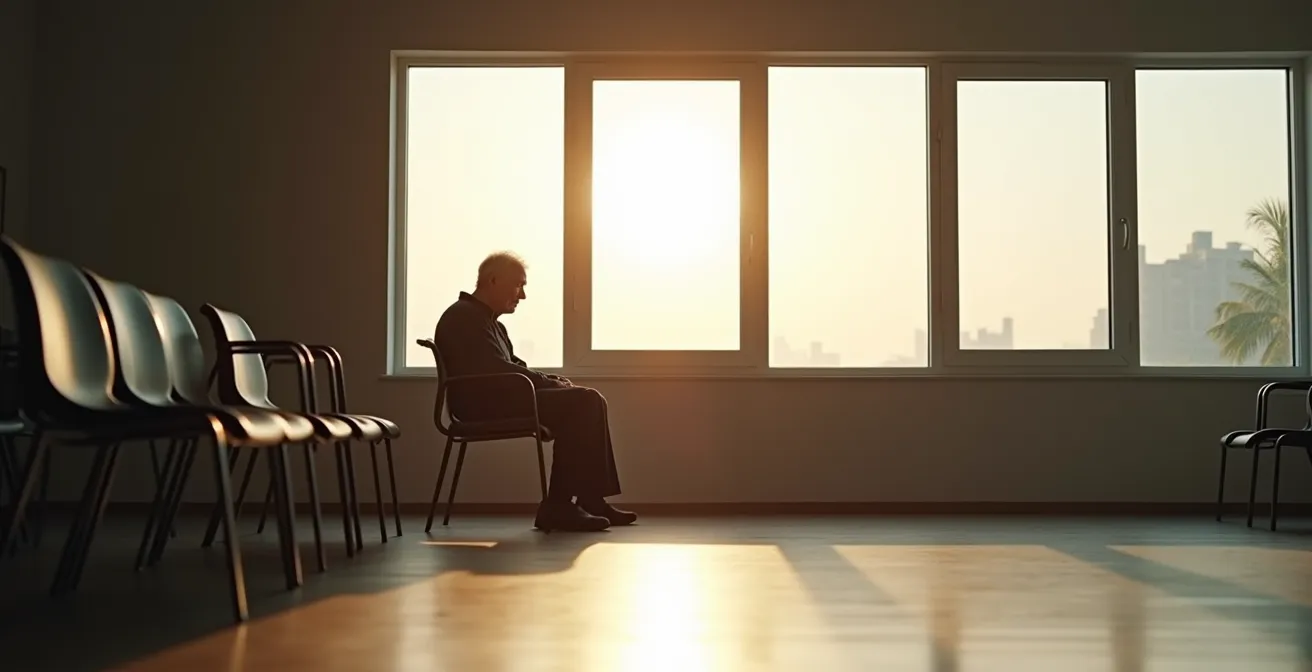 Personne âgée seule regardant par la fenêtre dans un environnement sombre et contemplatif