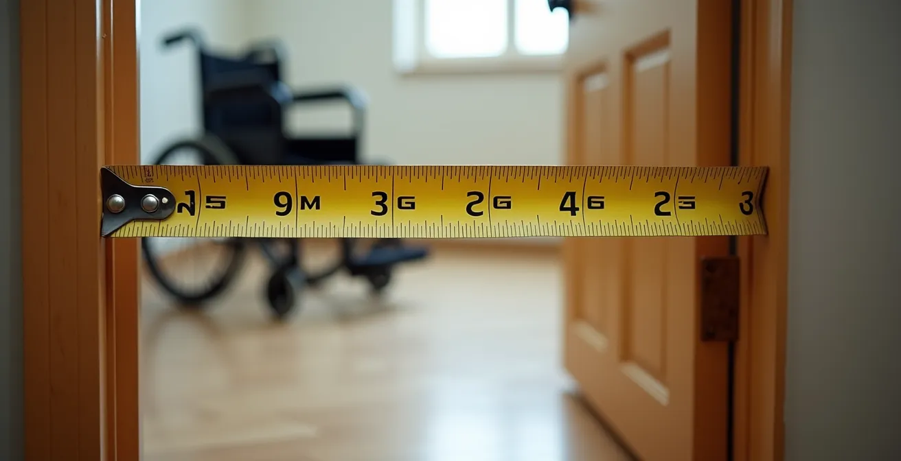 Vue rapprochée d'un mètre ruban mesurant la largeur d'une porte avec fauteuil roulant en arrière-plan flou