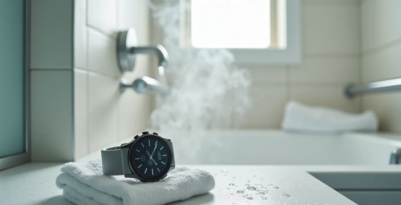 Salle de bain sécurisée avec barres d'appui et vue partielle d'une montre étanche