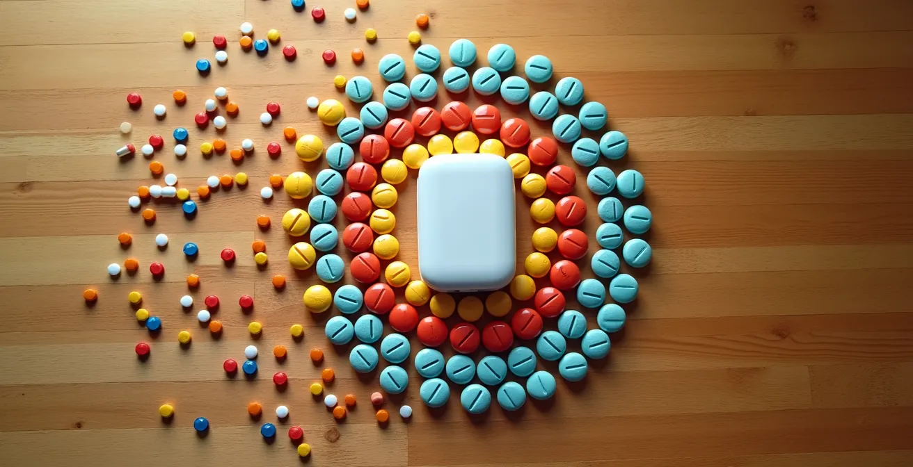Vue aérienne d'une organisation méthodique de multiples médicaments avec système de pilulier connecté