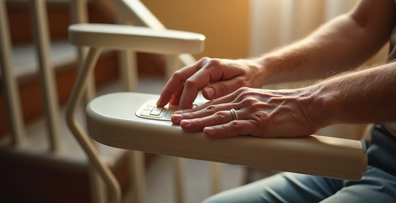 Gros plan sur les mains d'une personne âgée actionnant le pivotement automatique d'un monte-escalier