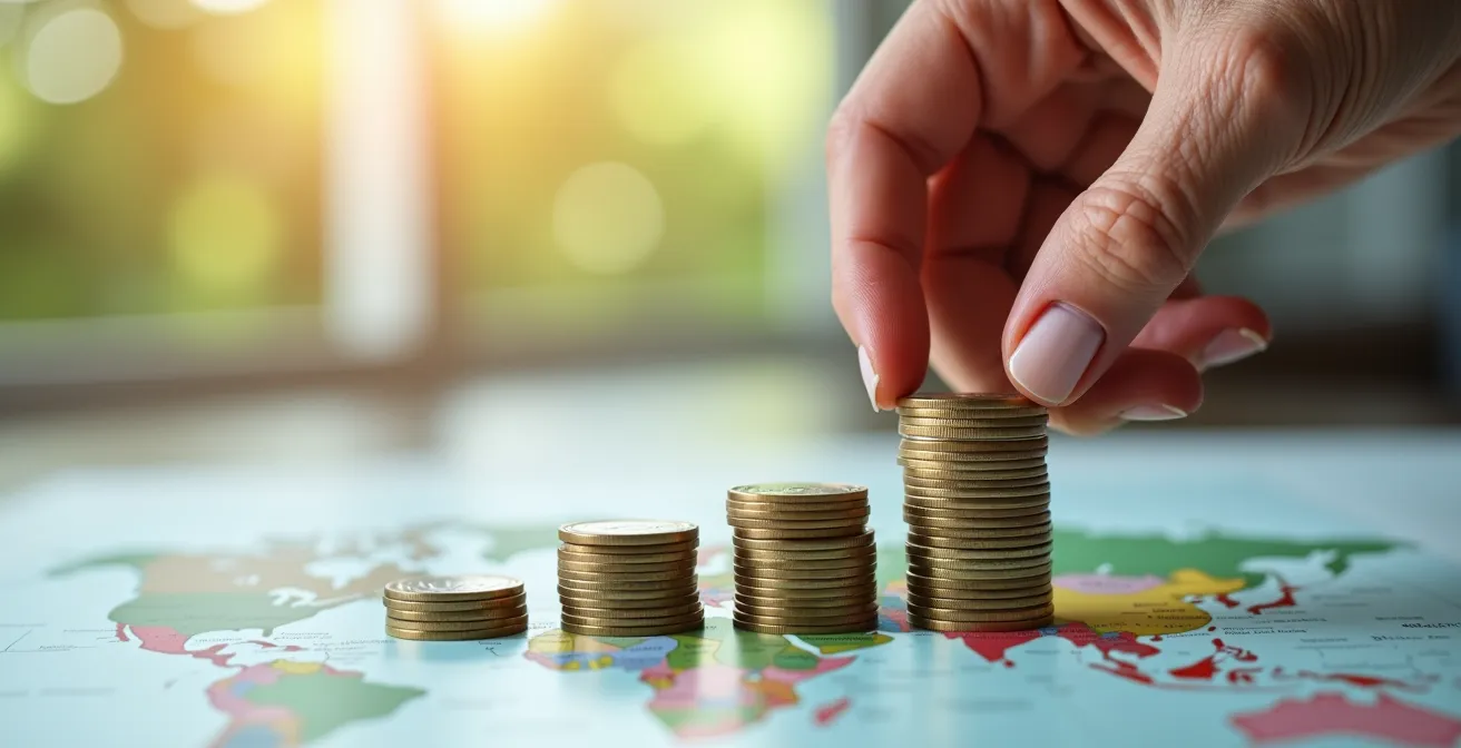 Main de senior posant une pièce sur une pile de monnaie avec carte du monde floue en arrière-plan