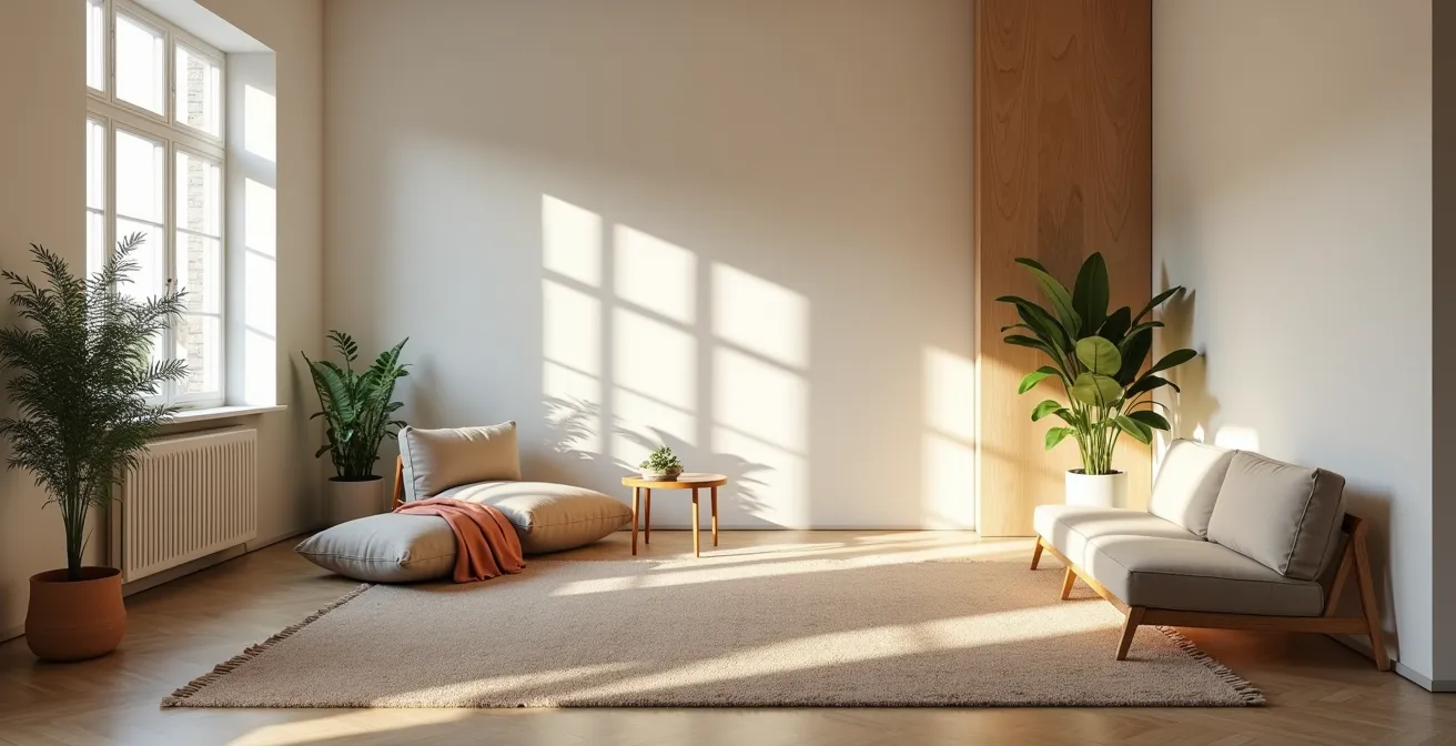 Vue aérienne d'un salon avec zones délimitées par des tapis et un éclairage différencié