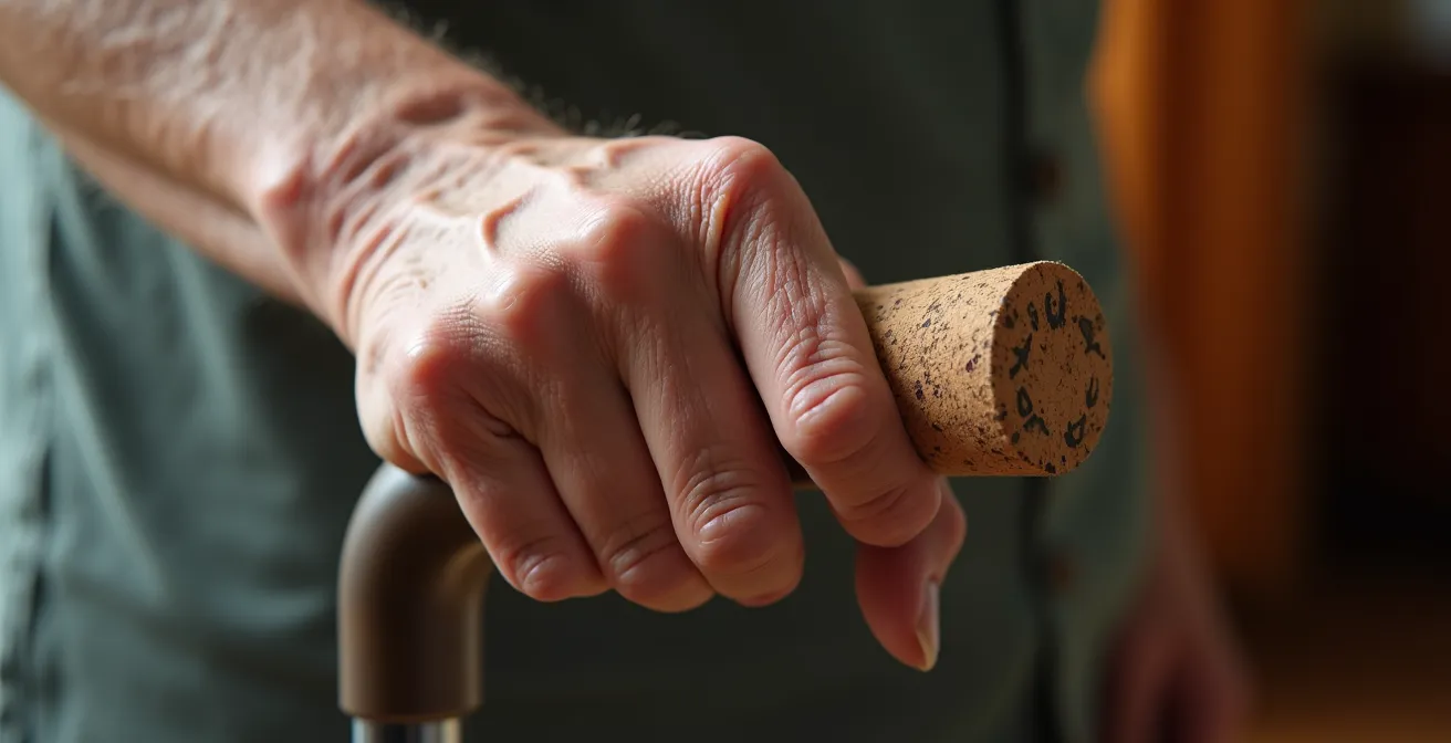 Main de personne âgée tenant une poignée ergonomique de canne avec prise anatomique