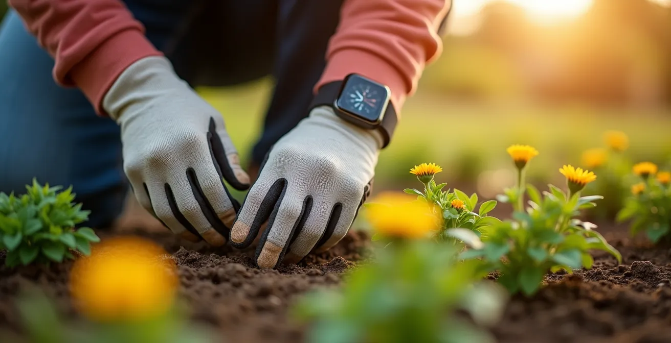Personne âgée jardinant avec une montre connectée au poignet, outils de jardinage visibles