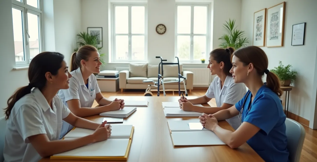 Réunion de coordination entre professionnels de santé autour d'une table avec documents de soins