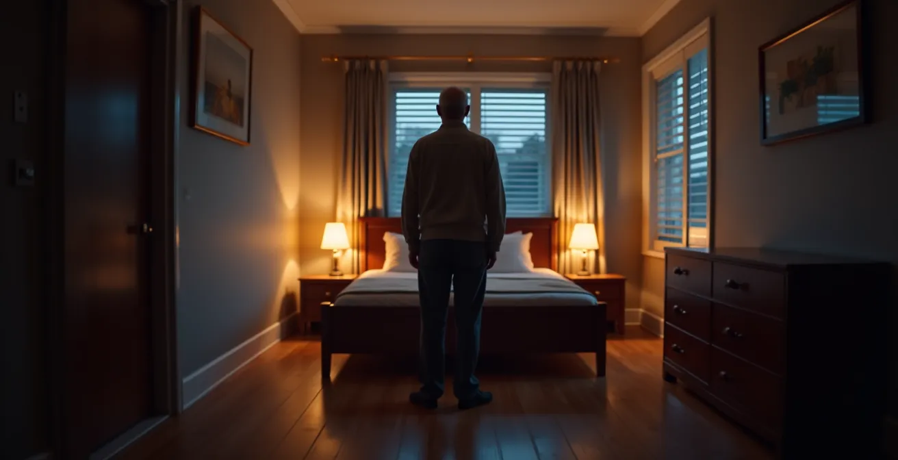 Vue de dos d'une personne âgée près de son lit avec éclairage tamisé automatique