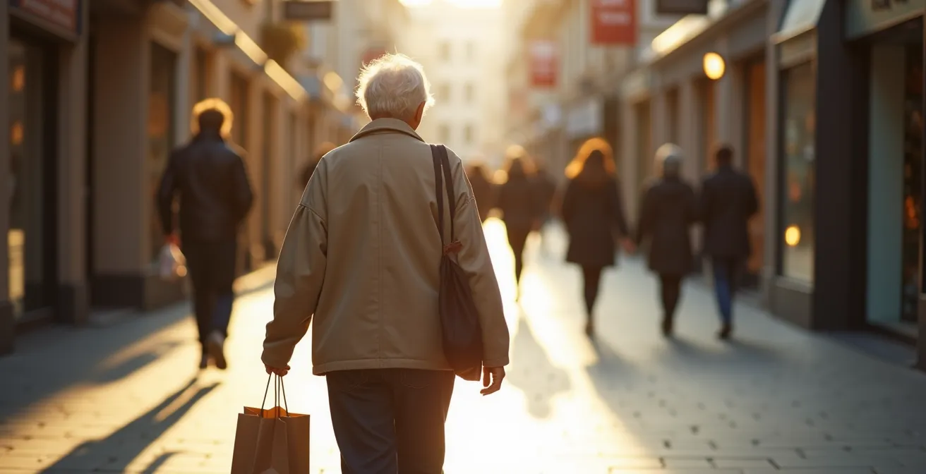 Senior marchant de façon autonome dans une rue commerçante de centre-ville