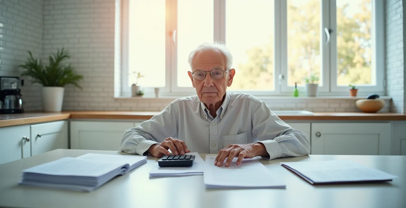 Personne âgée faisant ses comptes avec calculatrice et relevés bancaires floutés