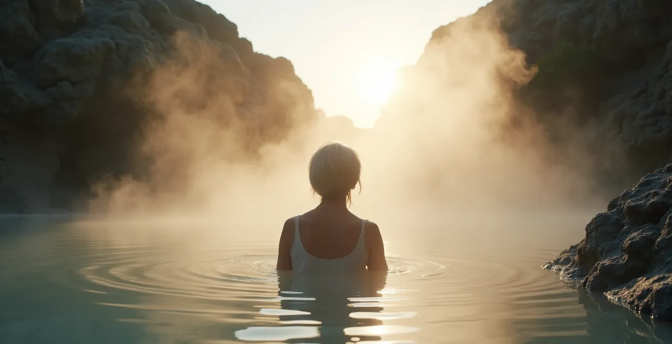 Senior se relaxant dans un environnement thermal naturel entouré de vapeur