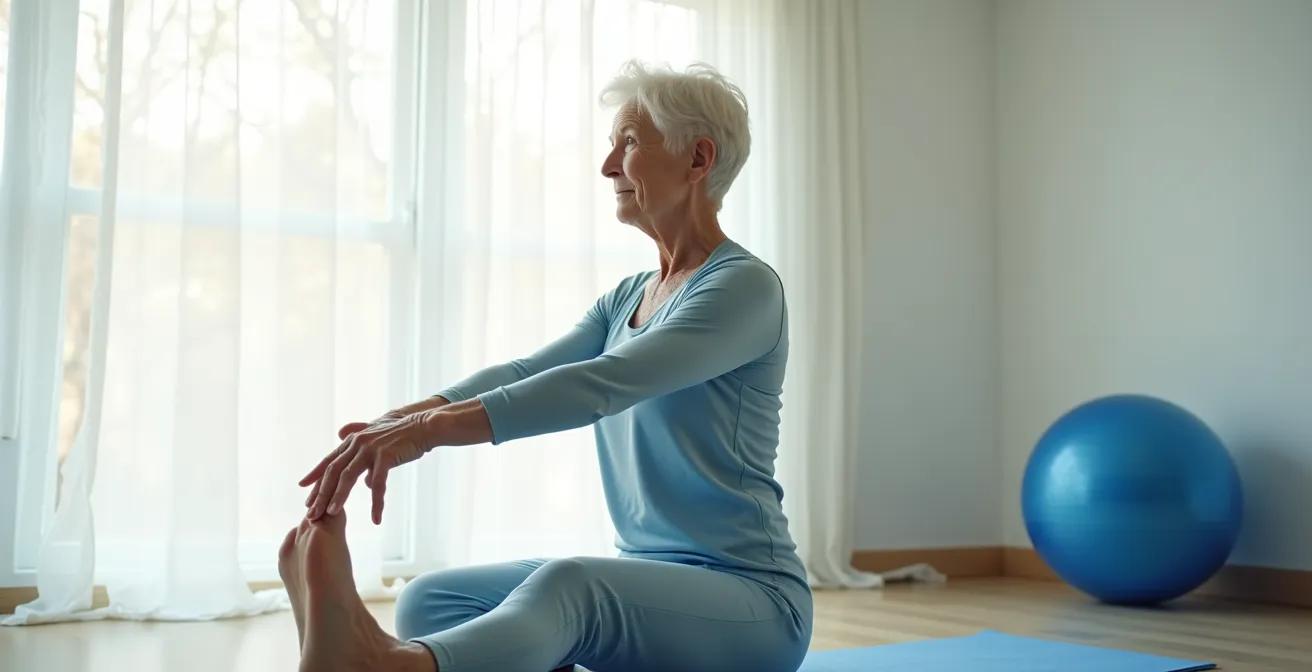 Senior en position d'étirement doux avec posture correcte dans un environnement calme