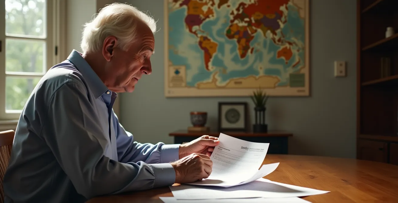Senior organisant ses documents de voyage et d'assurance sur une table