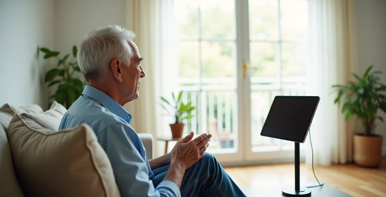 Personne âgée dans un salon lumineux parlant à sa tablette posée sur un support