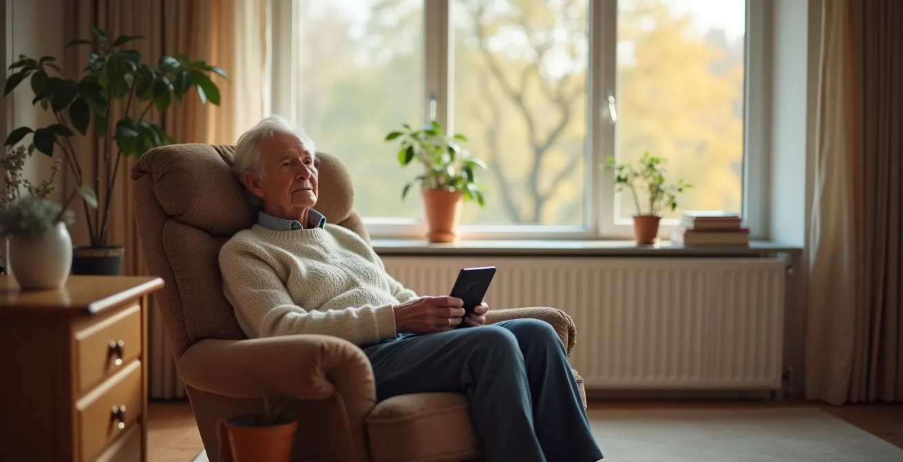 Personne âgée utilisant facilement un pilulier connecté avec interface simplifiée dans un environnement familier