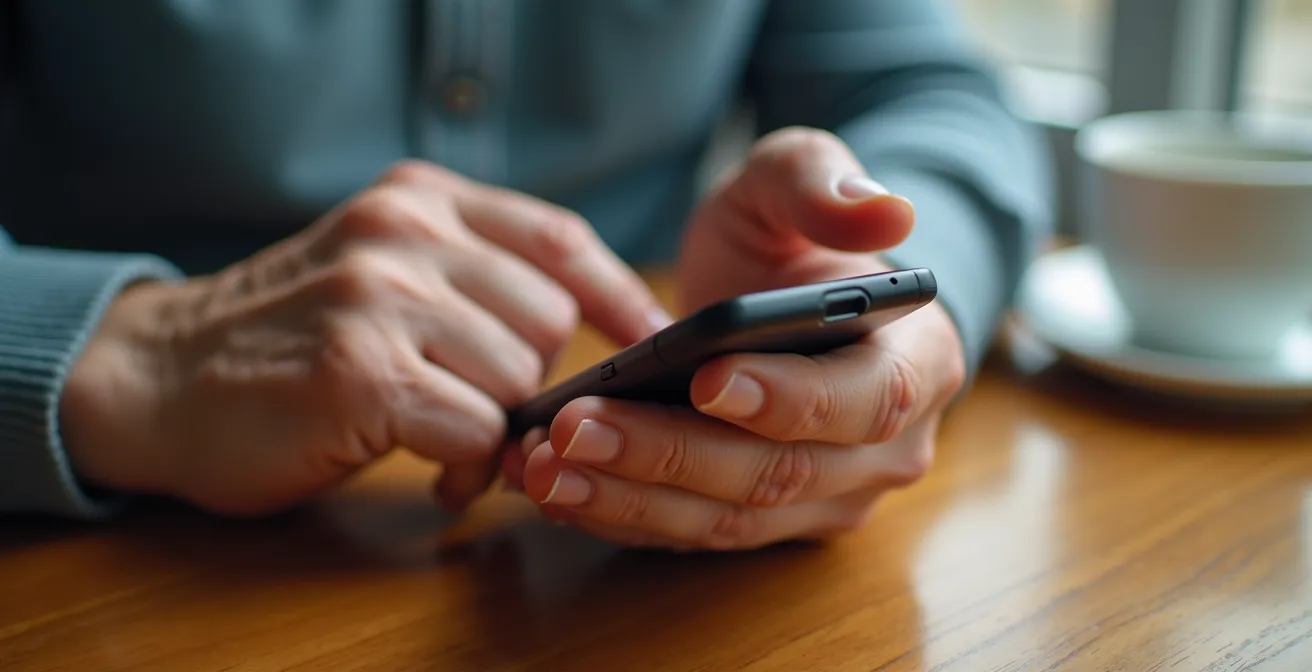 Mains de personne âgée tenant un smartphone, envoyant une photo sur WhatsApp