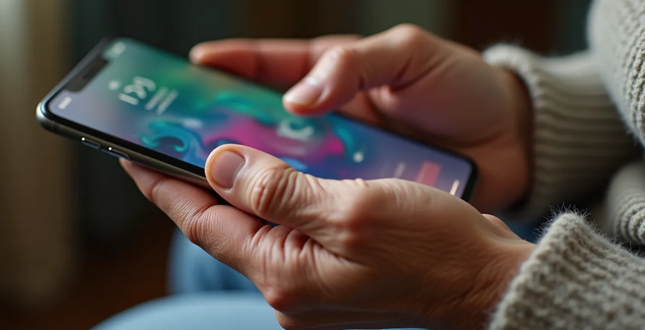 Gros plan sur une main âgée tenant un smartphone avec des ondes sonores symboliques suggérant l'activation vocale