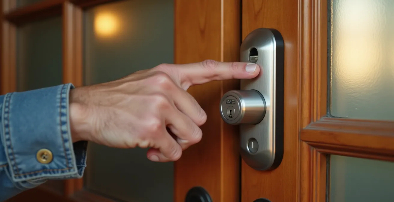 Gros plan sur une serrure connectée moderne installée sur une porte d'entrée