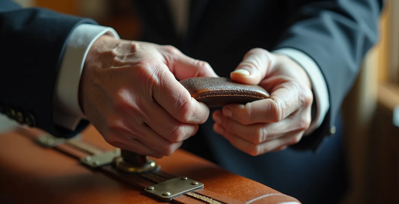 Mains de senior confiant une valise à un service de portage professionnel