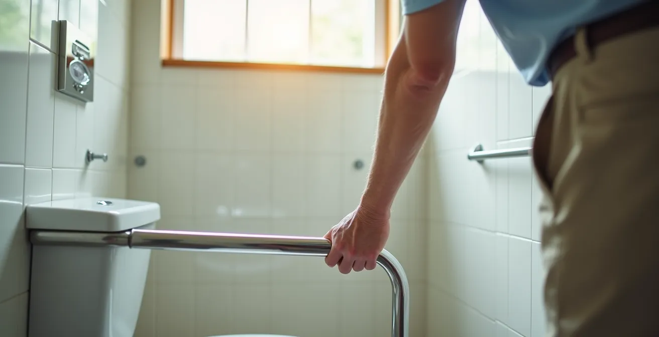 Personne âgée testant la position optimale pour une barre d'appui près des toilettes