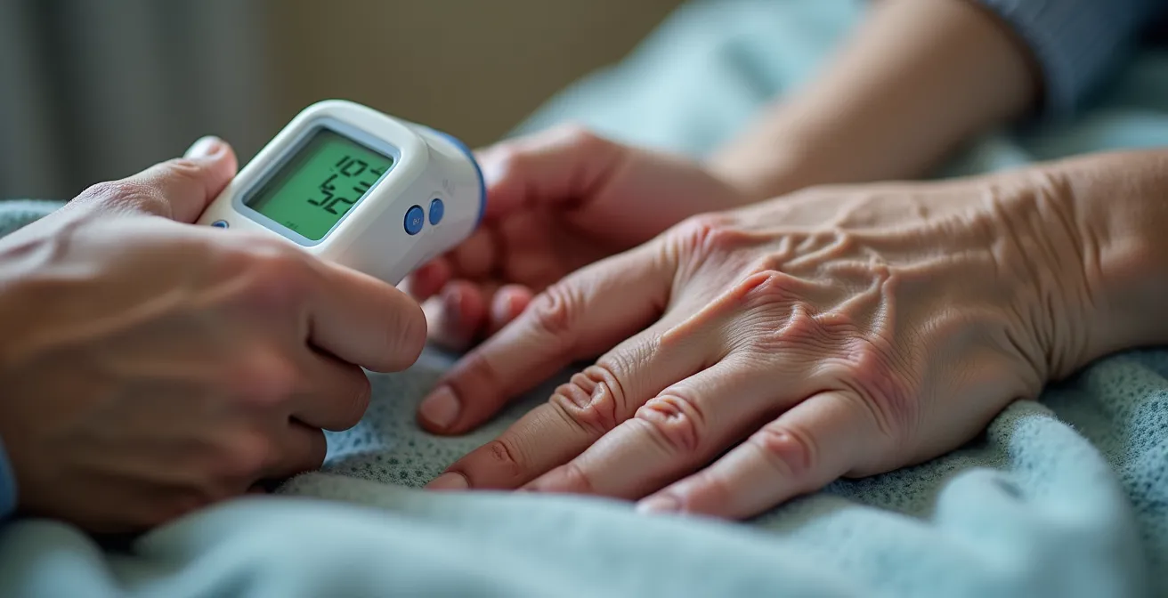 Gros plan sur les mains d'un soignant prenant la température d'une personne âgée