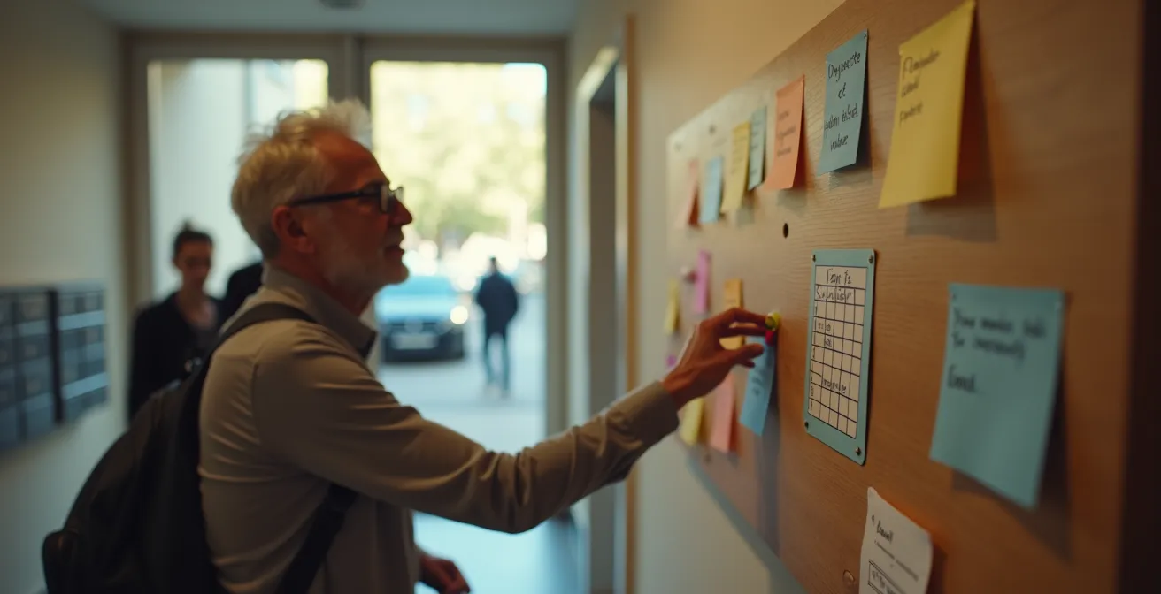 Tableau d'entraide collaboratif dans le hall d'un immeuble avec post-it et plannings partagés